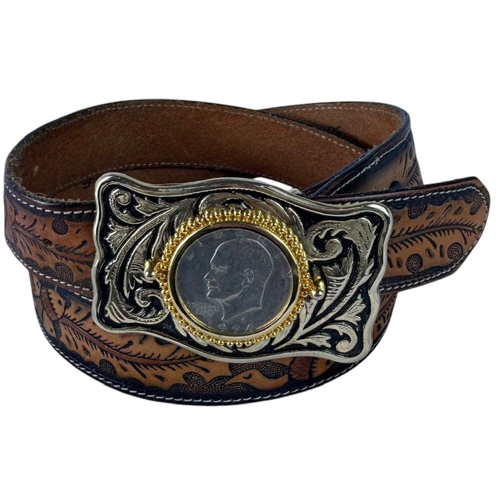 Vintage DIXIE Brown Leather Tooled Acorns Belt With One Dollar Buckle Size 38
